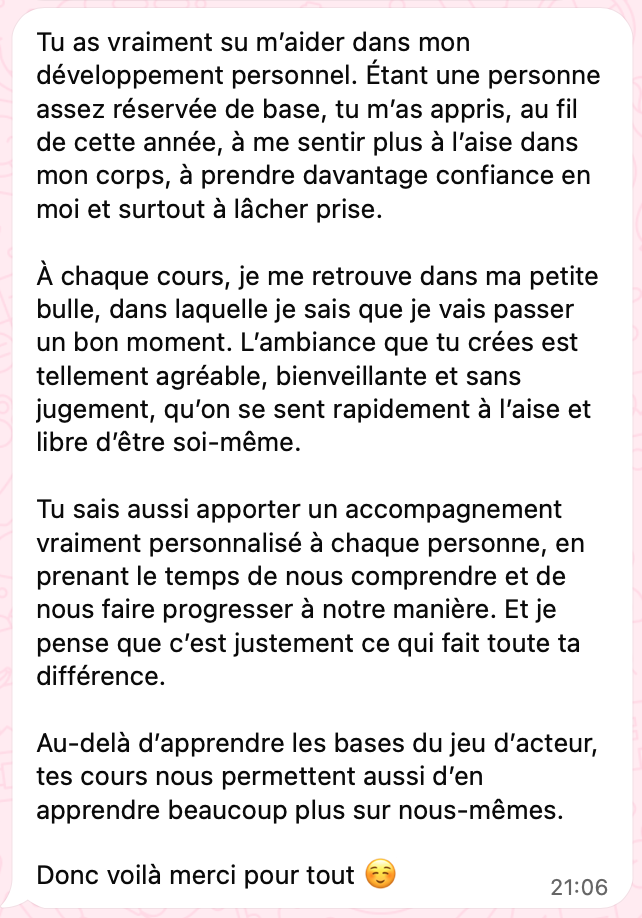 Capture d'écran d'un message WhatsApp reçu après l'atelier