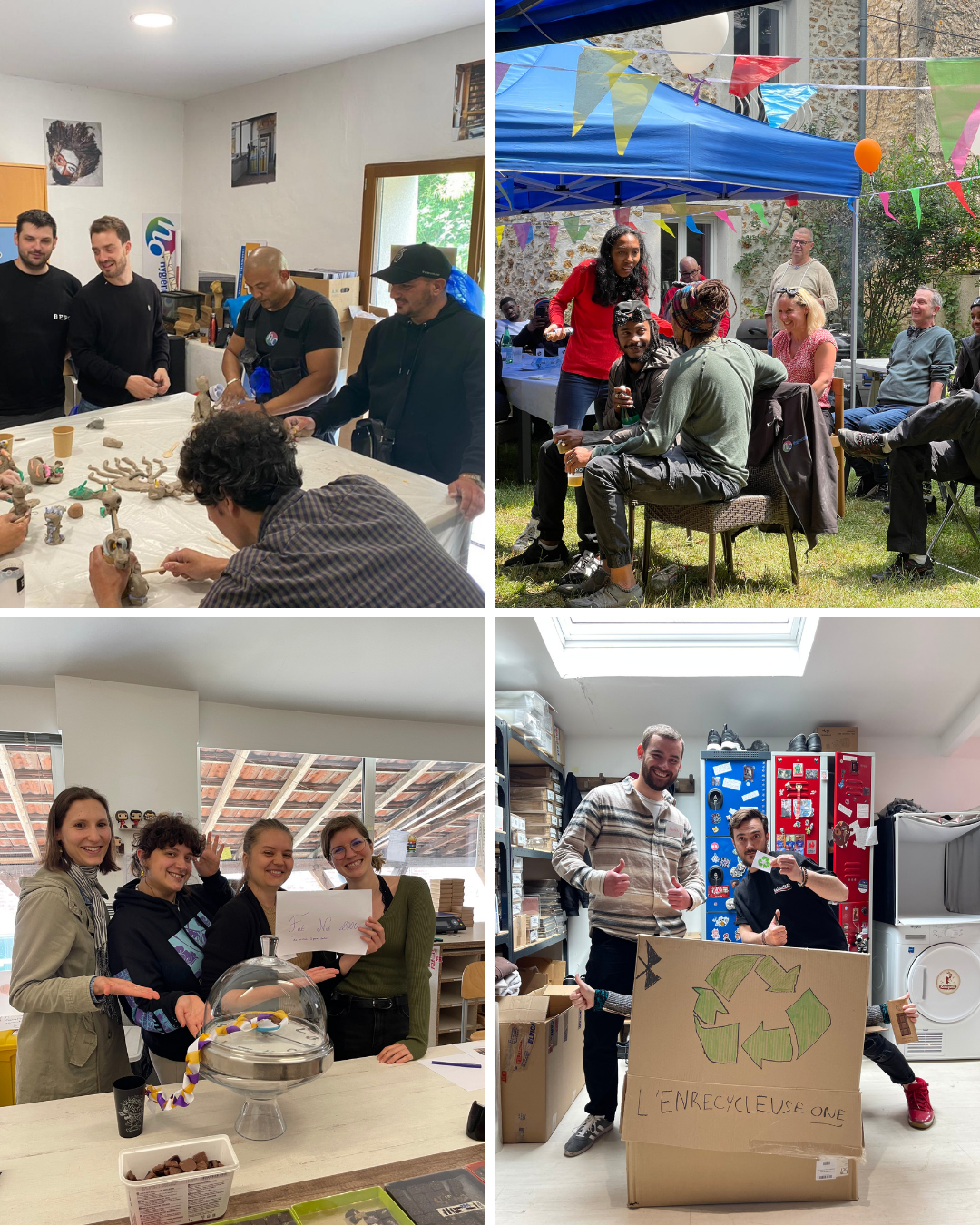 Moments d'ateliers collectifs : modelage, jeu en extérieur et créations d'équipe