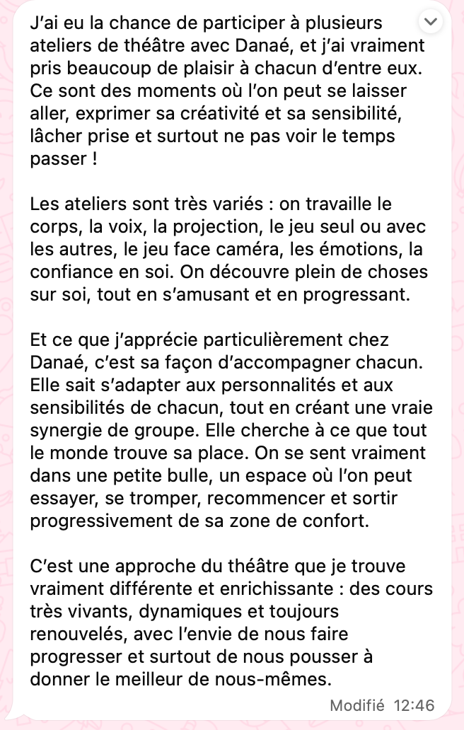 Capture d'écran d'un message WhatsApp reçu après l'atelier
