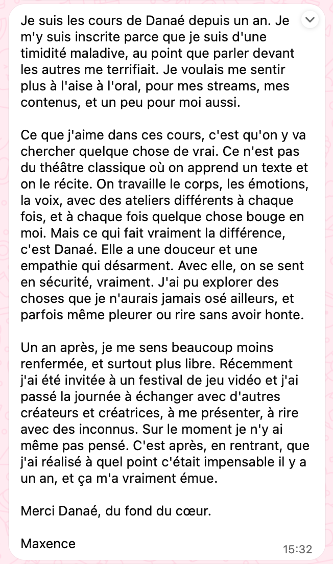 Capture d'écran d'un message WhatsApp reçu après l'atelier