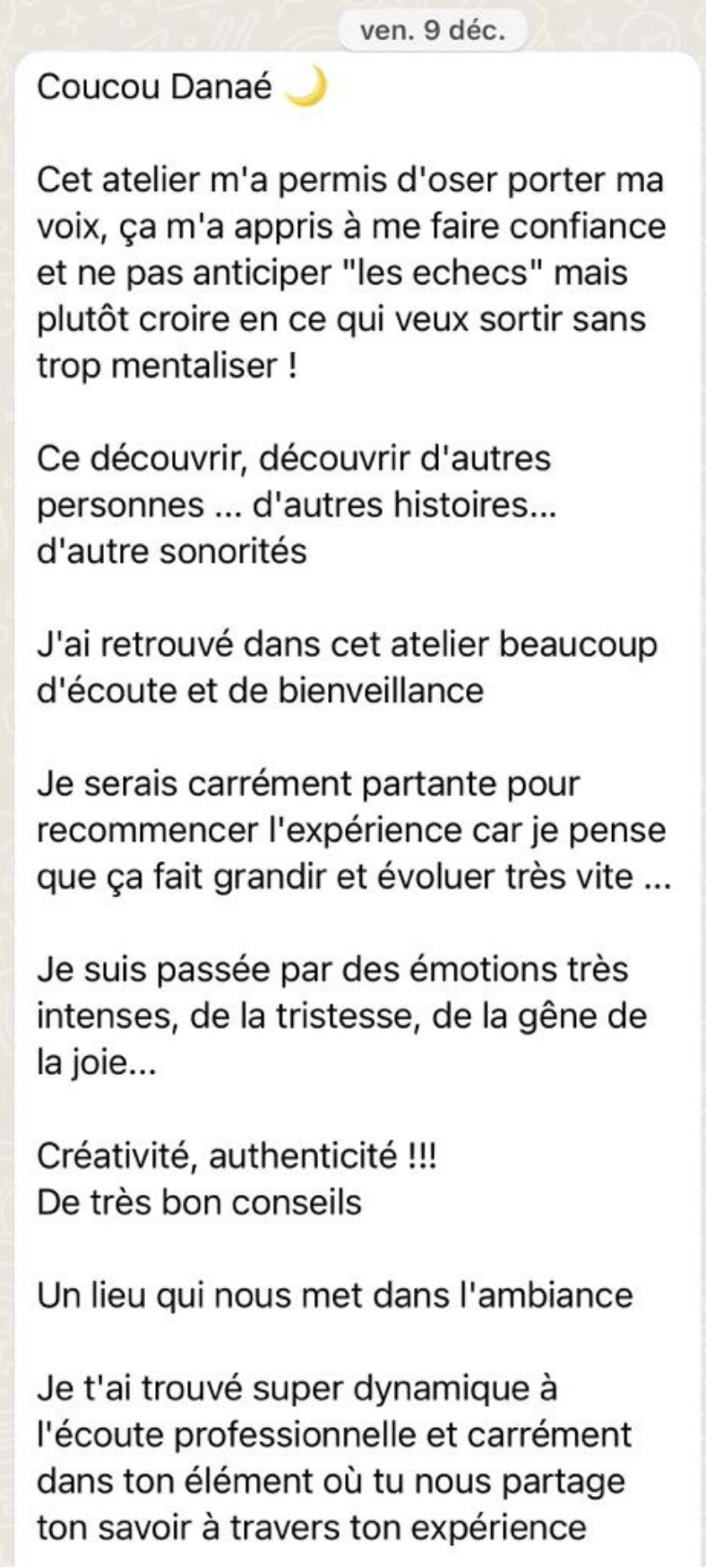 Capture d'écran d'un message WhatsApp reçu après l'atelier