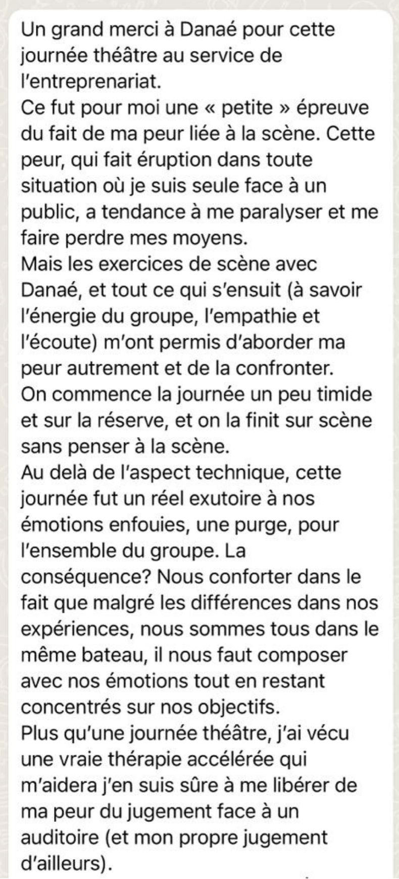 Capture d'écran d'un message WhatsApp reçu après l'atelier