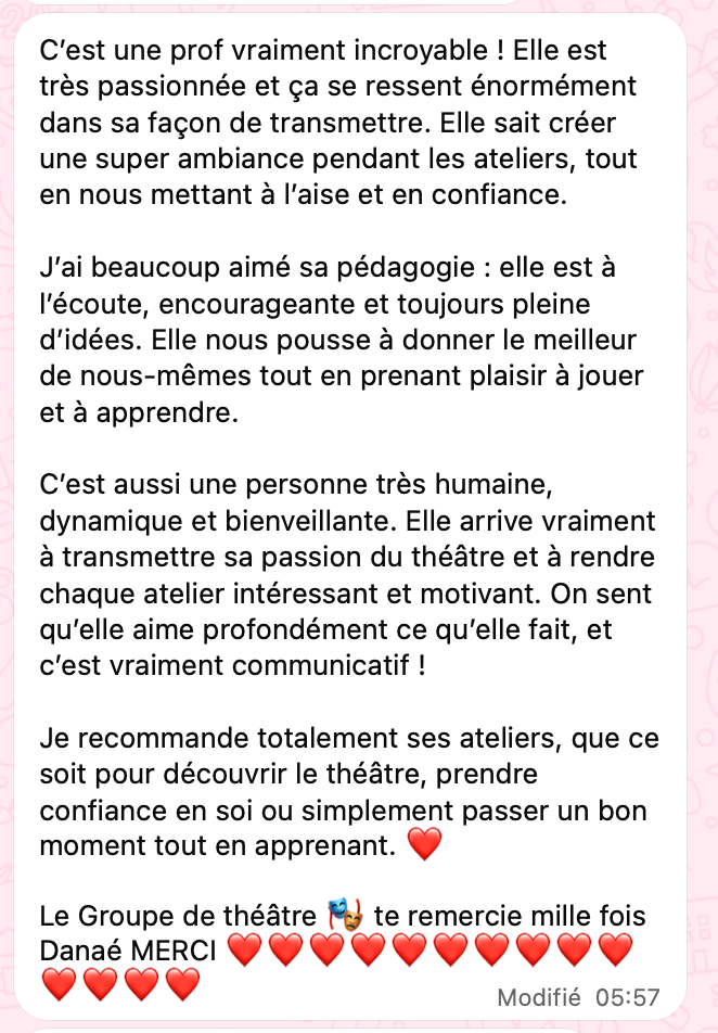 Capture d'écran d'un message WhatsApp reçu après l'atelier